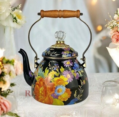 MacKenzie-Childs Black Flower Market Tea Kettle 2 qt. New No Box