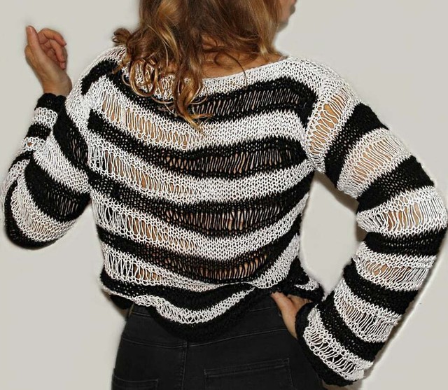 Black&white stripe Loose knit Grunge Wave sweater,Knitted Summer Boho style top | eBay