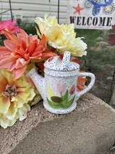 Papel Freelance Ceramic Watering Can With Lid & Handle, Hand Painted, Tulips