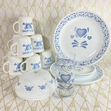 Vintage Corelle Blue Hearts ( Blue Sponge Rim ) Dinnerware  - by the piece