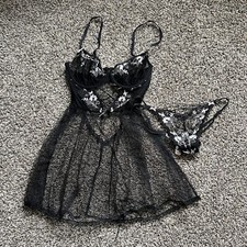 Victoria's Secret NWT Black Floral Embroidery Ballet Babydoll Thong 34C/L Set