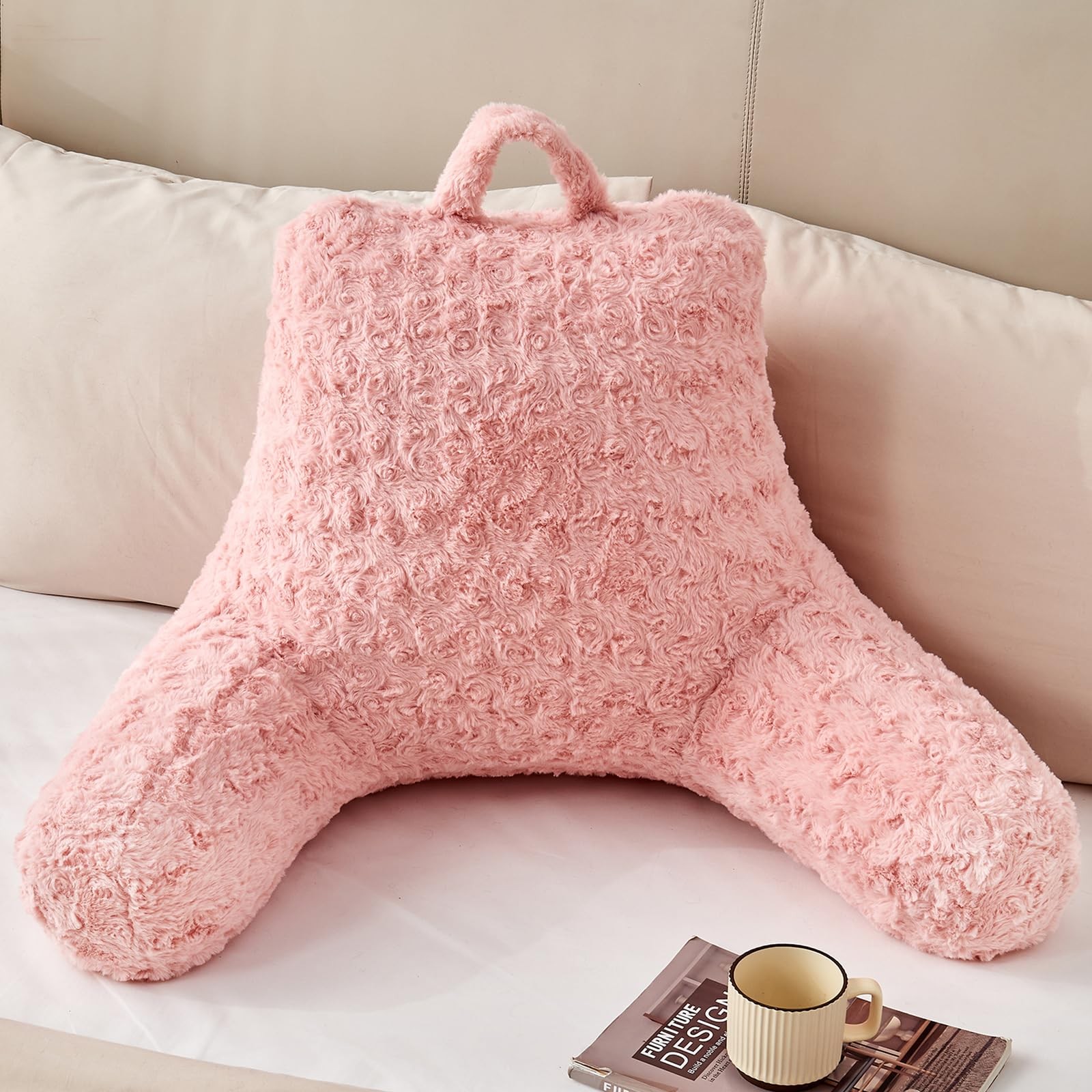 Rose Velvet Reading Pillow with Arms for Comfortable Bed Sitting Support