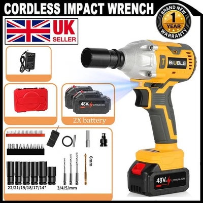 BIUBLE 1000Nm 1/2" Cordless Electric Impact Wrench Drill Gun Ratchet Driver w/2 Battery