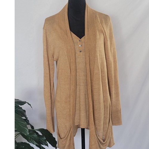 Eileen Fisher Tan Italian Yarn Cardigan and Henley Tank Top Sweater Set Large