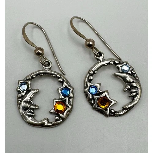 Sterling Silver Signed Shube Dakota Moon Stars Celestial Earrings 925 Crystals 