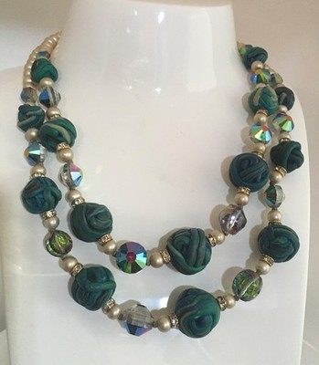 Vendome Mixed Bead & AB Crystal Double Strand Necklace Signed  