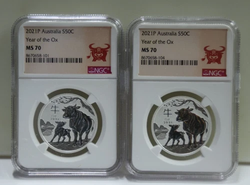 (2) 2021 P Australia 50c 1/2 oz. Silver Year of the Ox NGC MS70.