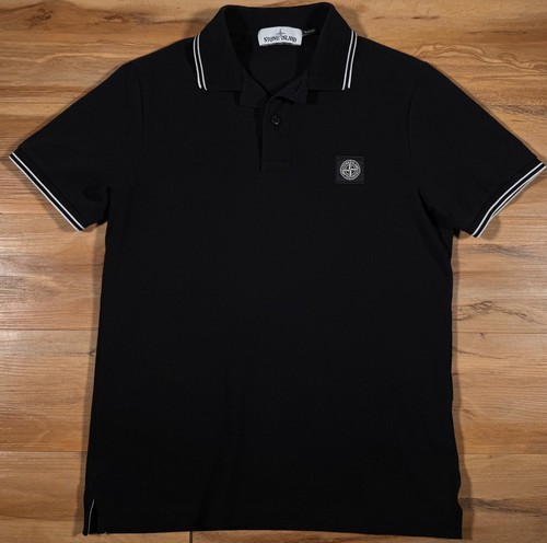 Stone Island Black White Cotton Pique Knit Compass Logo Patch Slim Polo Shirt M