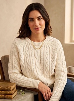 GAP Women's Ivory Cable-Knit 100% Cotton Crewneck Sweater Large