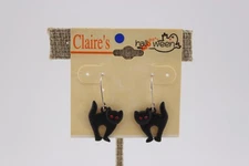 Vtg Claire's Halloween Black Cat with Red Rhinestone Eyes Earrings New old Stock