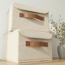 Decorative Linen Storage Boxes with Lids - Spacious Set of 2 Organizer Bins