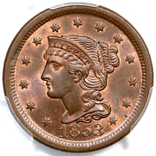 1853 N-8 R3 PCGS MS65+ BN CAC Braided Hair Large Cent Coin 1c