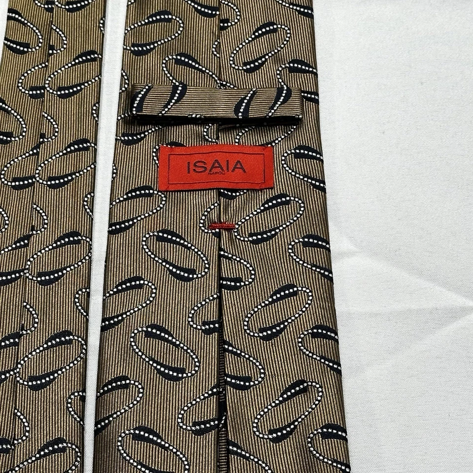 Галстук Isaia Napoli золотой геометрический 7-кратный шелковый галстук сделано в Италии 58 дюймов x 3,5 дюйма - Изображение 3 из 4