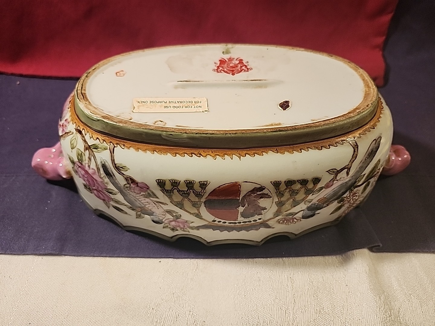 Vintage Chinoiserie Oval Bowl With Handles 6" x 12" Elk Birds Crest