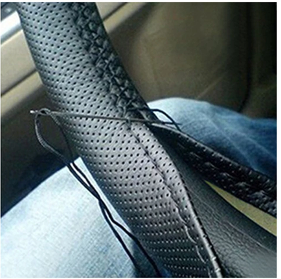 DIY Car Stitch Steering Wheel Cover Needle Thread Anti-slip Black PU Leather — 第 2/4 张图片