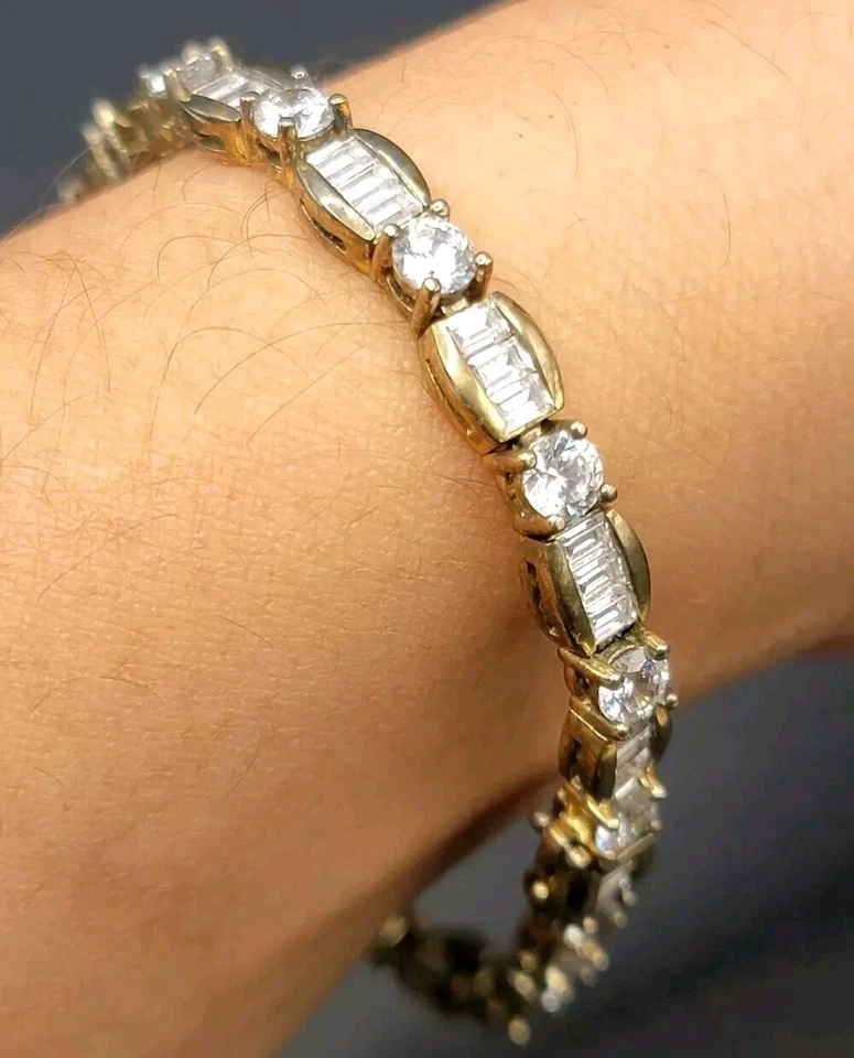 925 Baguette Round Cut Simulated Diamond CZ Tennis Bracelet 14K Gold Plated HJS - Image 4 of 4