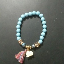 Turquoise Colored Beaded Crystal Fringe Tassel Elephant Stretchy Bracelet