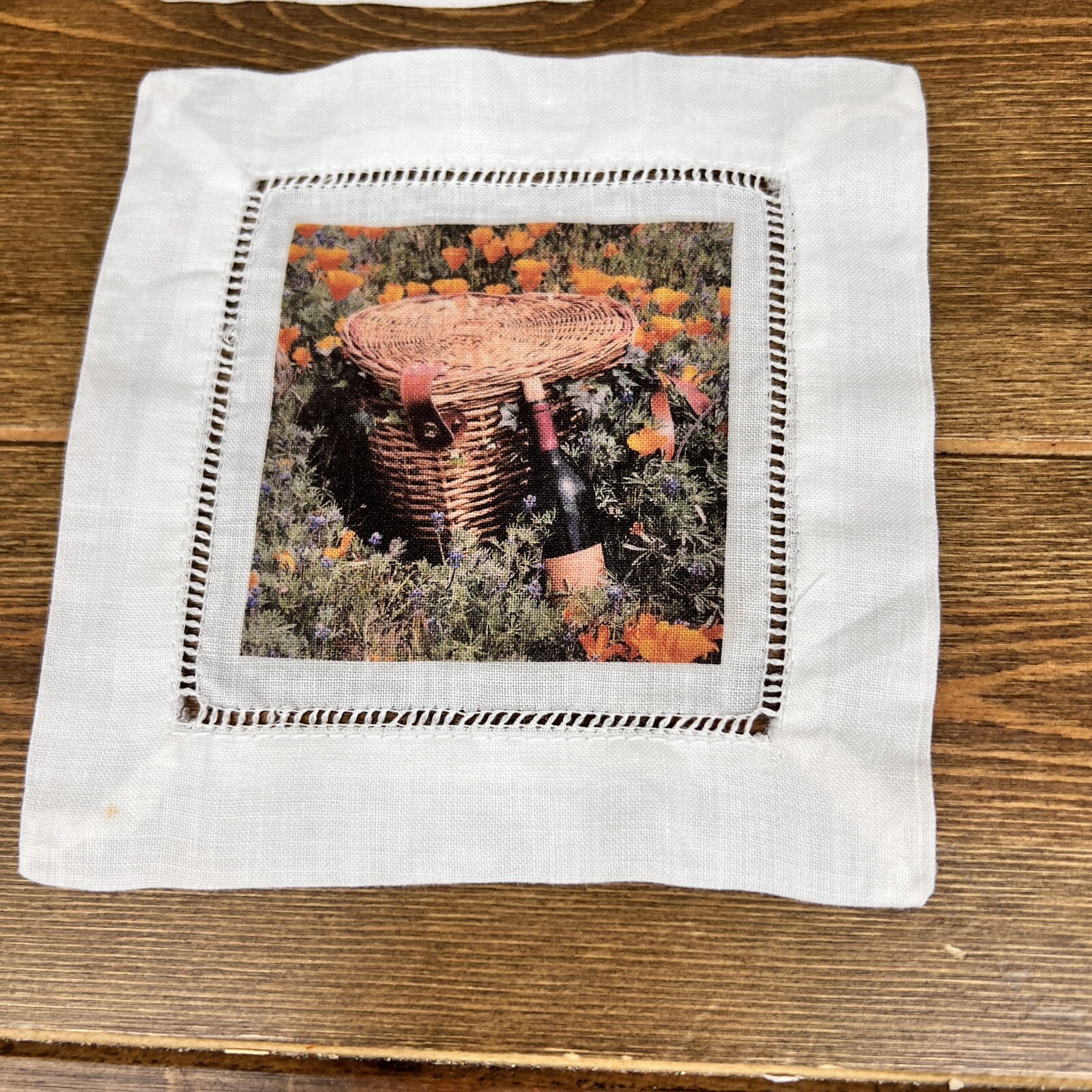 Handmade Linen cocktail coasters - California Vibes Wine & Flowers Vintage