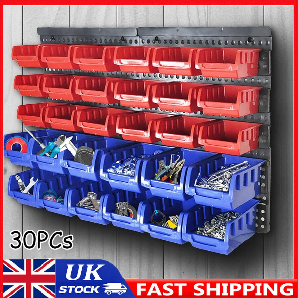30PCS WALL MOUNTED GARAGE STORAGE BIN WORKSHOP ORGANISER RACK DIY TOOL BOXES UK