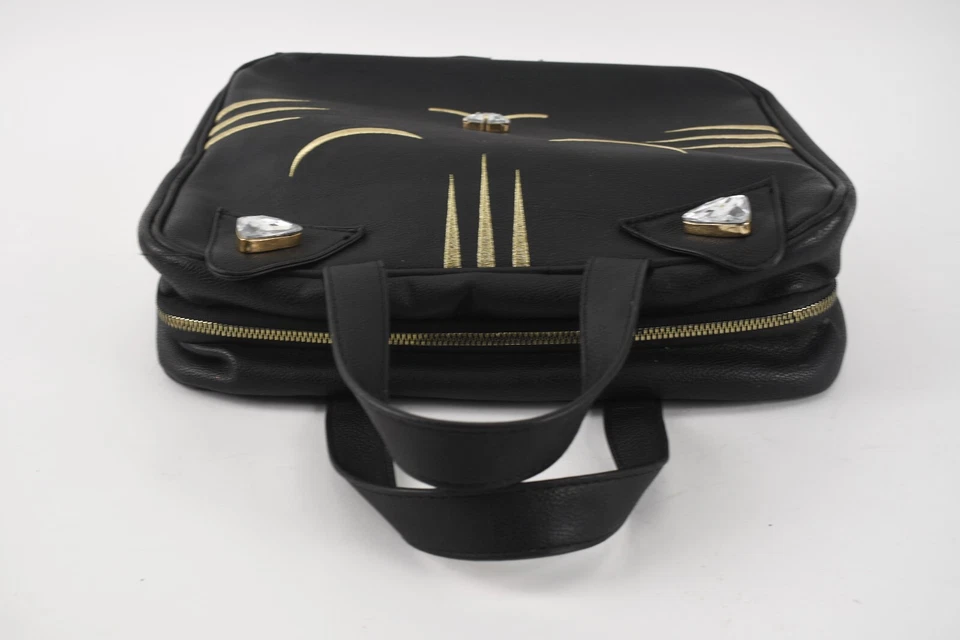 Betsey Johnson Black Kitty Cat Cosmetic Travel Bag Rhinestone Ear Nose Gold Face - Image 4 of 4