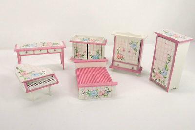 VINTAGE Doll House PIANO WHITE Wood Handpainted Pink ROSES Shabby