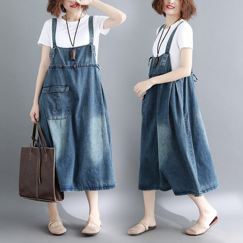 Womens Casual Loose Denim Overall Dress 