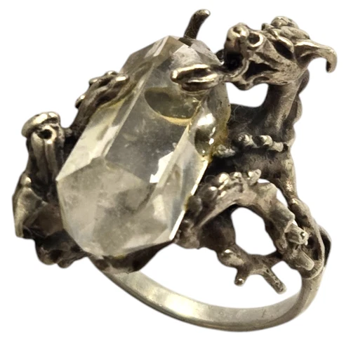 Mesmerizing Vintage SterlingSilver Dragon Luck Success Protection Quartz Ringsz6