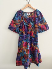 Vintage Hilo Hattie Hawaiian Dress Large Multicolor Floral Button Front Ruffle