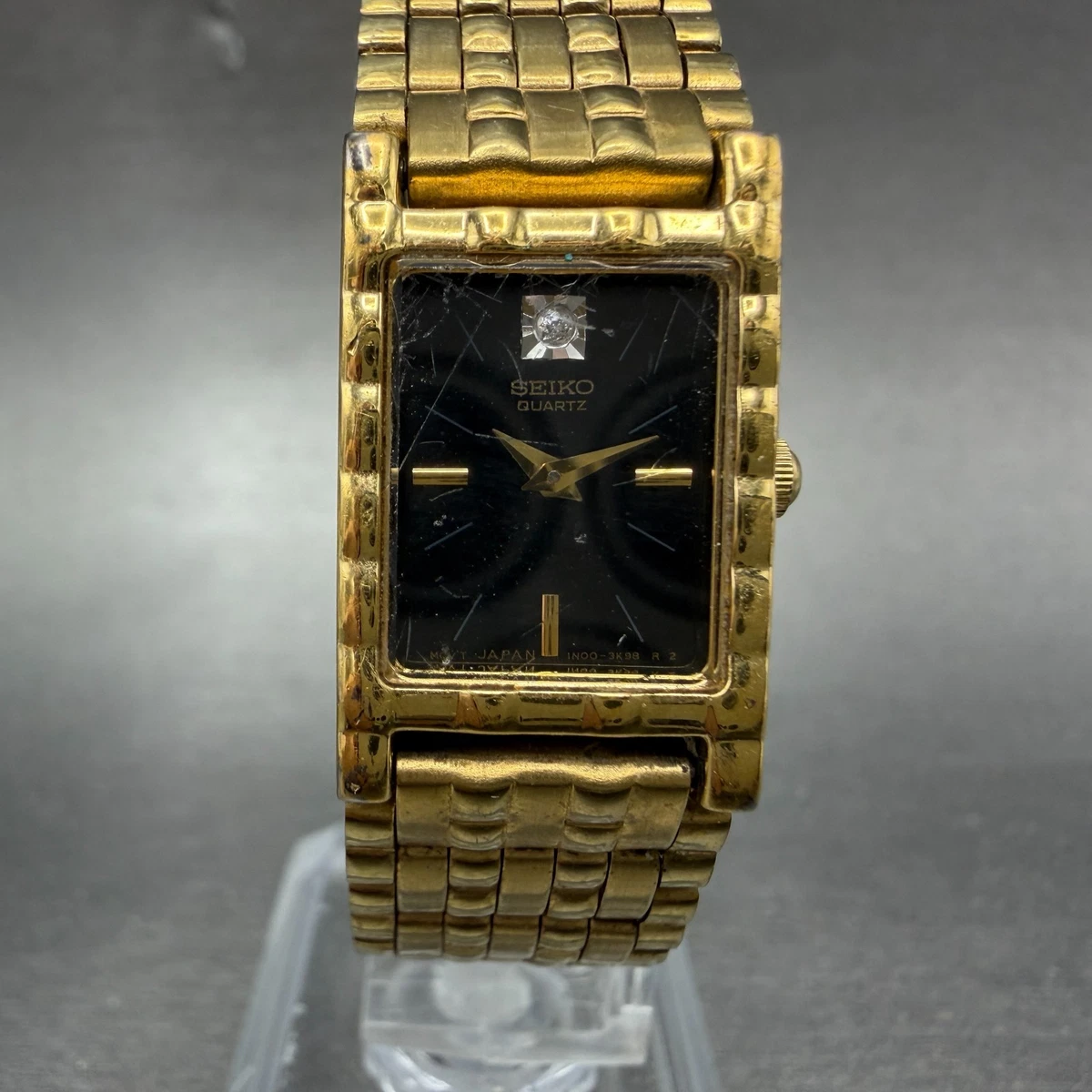 VTG Seiko Watch Womens 25mm Black Gold Tone Diamond Accent Elegant New Battery S E I K O Rectangle Black Dial with Diamond-Set Lugs  main image 2