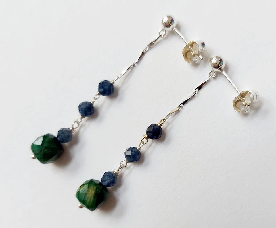 Orecchini in argento 925 pietre occhio di tigre e zaffiro idea regalo per Natale - Immagine 4 di 4