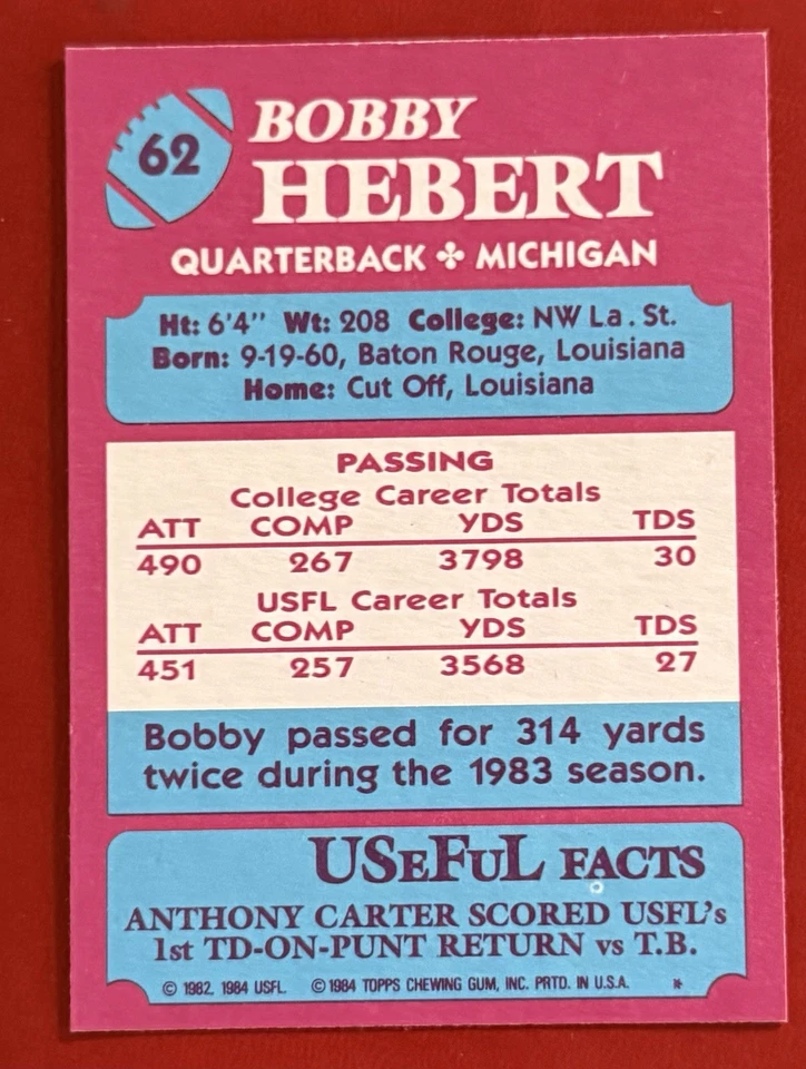 Bobby Hebert USFL RC autograph 1984 Rookie Card #62 - Image 2 of 2