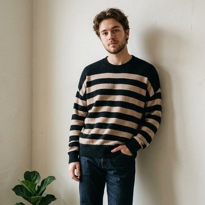 Naadam Mens Sweater Large Black Tan Striped Cashmere Crew Neck Pullover Luxury