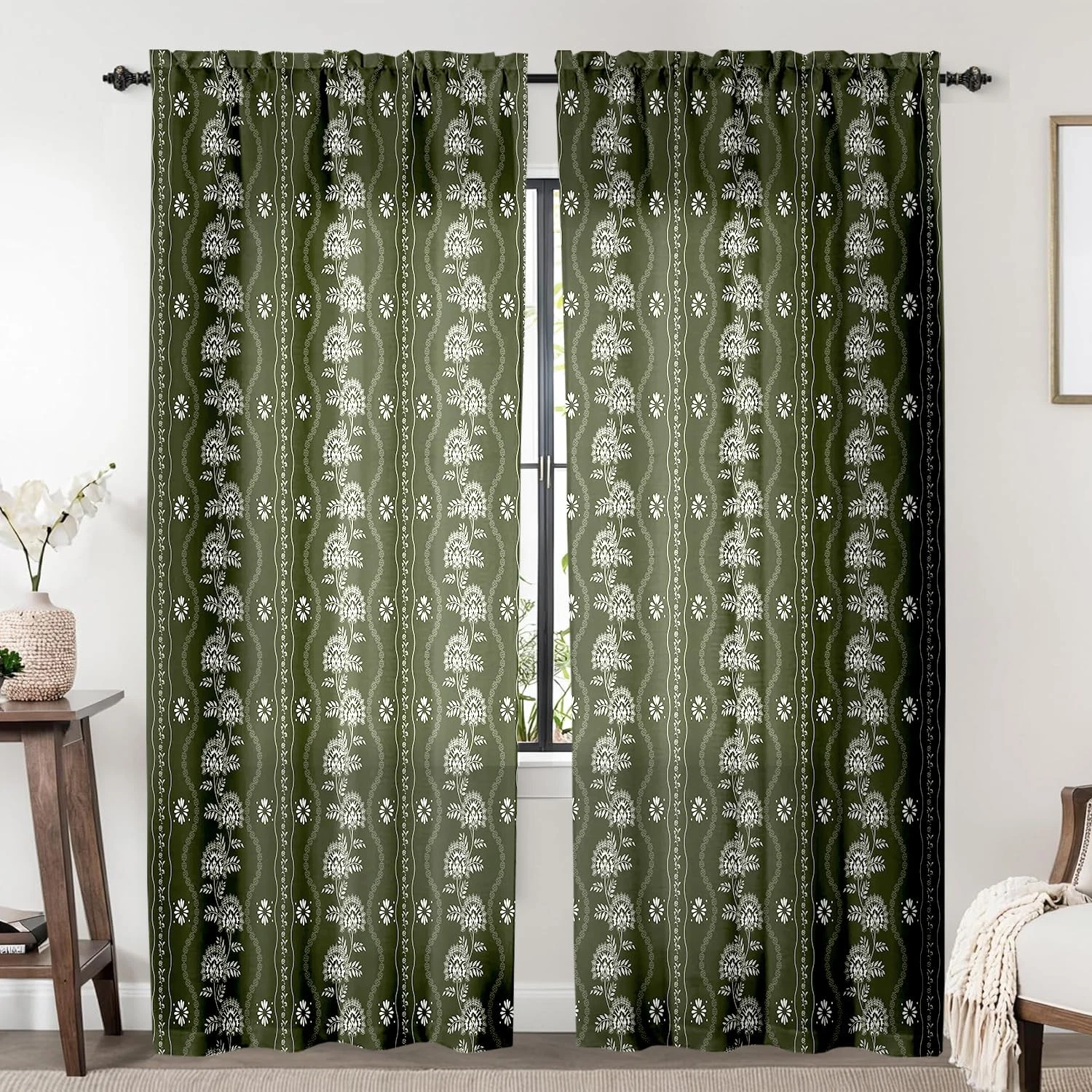 Green Floral Curtains 84 Inch Length 2 Panels Set Olive Green and White Vinta...