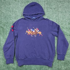 Polo Ralph Lauren Hoodie Men's Size M Blue Pullover Triple Pony Embroidered Logo