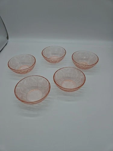 Vintage Jeanette Pink Poinsettia Depression Glass Berry Bowls Set Of 5