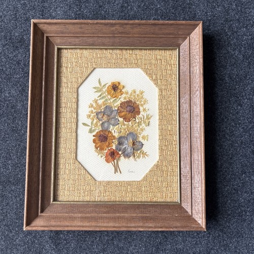 Vintage Pressed Flower Art Wood Framed Signed 10.5 X 12.5 Cottagecore MCM