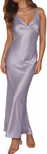 Womens Elegant Satin V Neck Backless Sleeveless Maxi Dress Silk Tie Low Back For