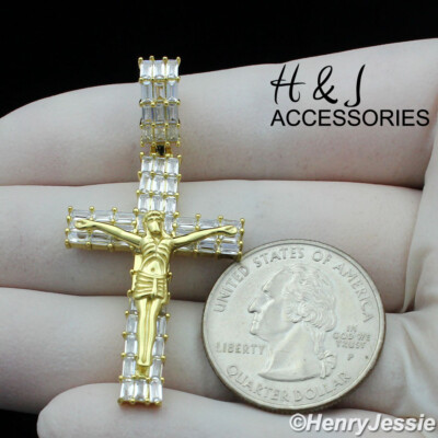 MEN 925 STERLING SILVER ICY BAGUETTE CZ GOLD PLATED JESUS CROSS PENDANT ...