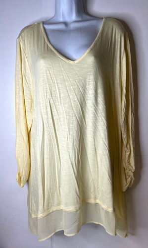 NWT Style & CO Tunic Top Tulle Hem Women's XXL V-Neck Ruched 3/4 Sleeve Yellow