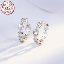 925 Sterling Silver CZ Cuban Link Hoop Earring Cubic Zirconia Tiny White Jewelry
