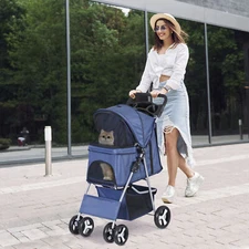 Foldable 4 Wheel Dog Stroller Pet Travel Carriage for Pet Carrier Cart Navy Blue