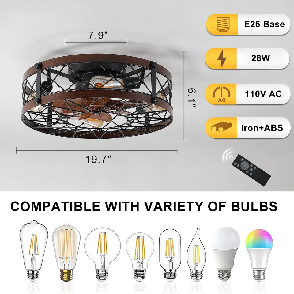 20" Farmhouse Caged Ceiling Fan Light Flush Mount Lights kit With Remote Control - Image 2 of 4