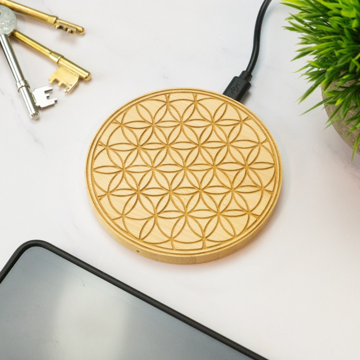 Flower Of Life Engraved Wireless Phone Charger Wooden Cell Phone
