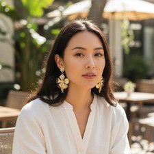 Two-Tone Flower Dangle Earrings Gold  Rose Tone 