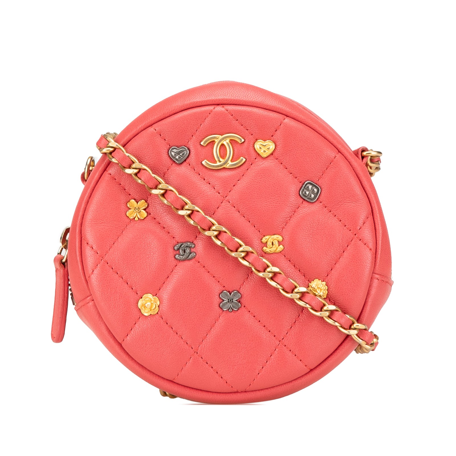Chanel Lambskin Lucky Charms Quilted Round Chain Clutch