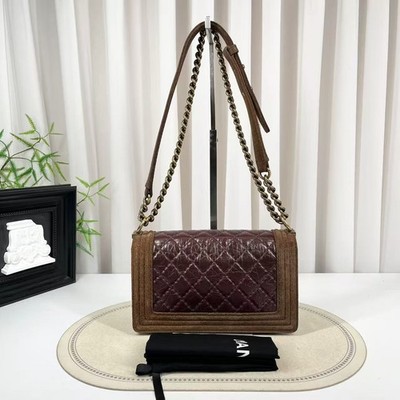 Chanel Boy Medium Flap Bag Burgundy Leather Brown Suede Aged Gold 