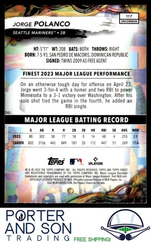 Jorge Polanco Checkerboard Refractor 2024 Finest #117 Mariners Baseball Card - Picture 2 of 2