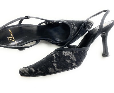 Delmar VTG Suede Leather 3.5'' Heels Sling Back Black Paisley Size 6.5M