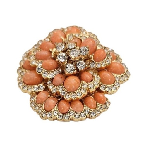 Ciner Oval Coral Glass Cab Clear Rhinestone Brooch Flower Cluster Pin Signed, J5 - Picture 5 of 8