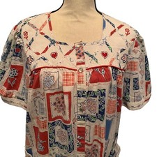 Premier Intimates Dressing Gown Robe Womens Large Red White Blue SS Vintage Snap